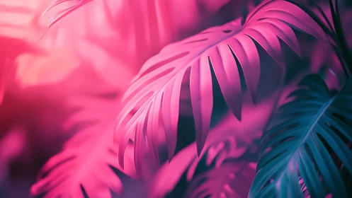 Neon monstera foliage study in saturated digital gradient lighting.
