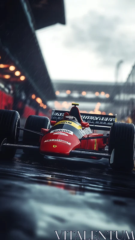 Roaring red Formula car glides through a rainy pit lane