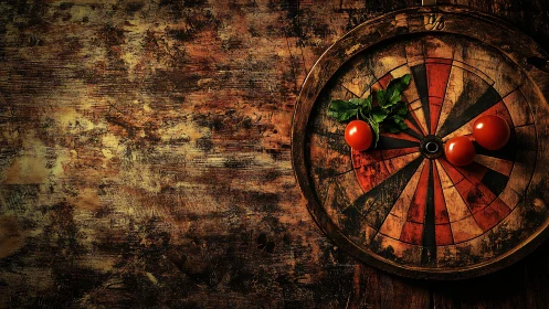Rustic dartboard with tomatoes on worn wooden background.