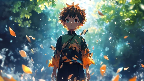 Wonderstruck young hero standing in a glowing forest moment.