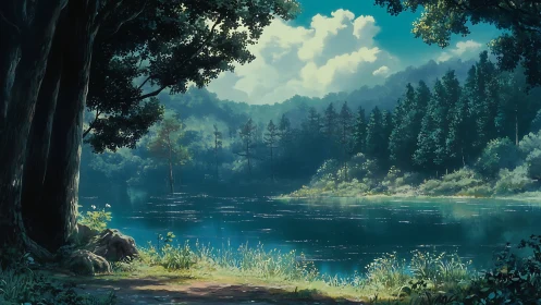 Tranquil Riverside Sanctuary Where Ancient Trees Frame Emerald Waters.