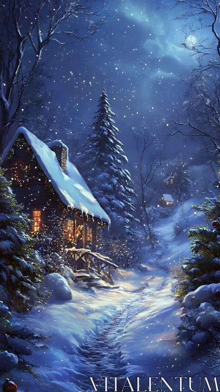 Snowy forest cabin glows under moonlit winter night sky