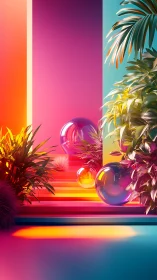 Neon jungle corridor with floating glass spheres and steps.