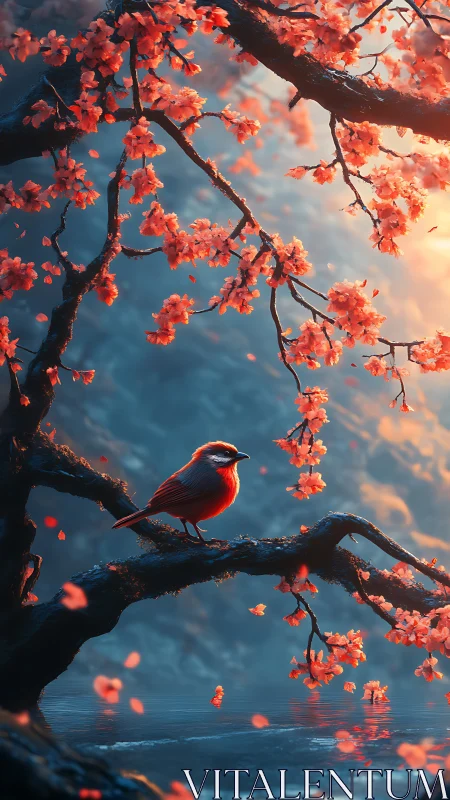Crimson songbird resting beneath luminous cherry blooms.