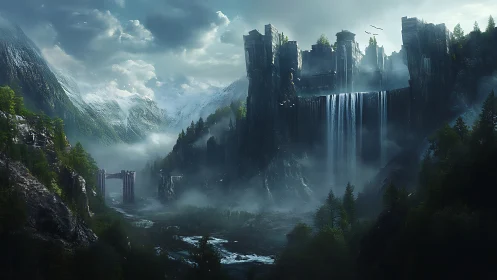 Ancient cliffside fortress rises above misty cascading falls