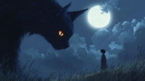 Moonlit meadow standoff with a colossal midnight cat spirit.