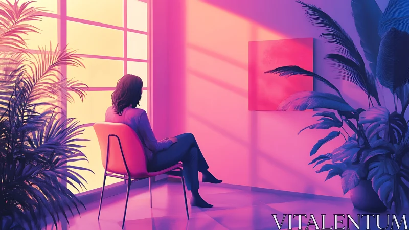 Seated person in colored light within plant-filled room