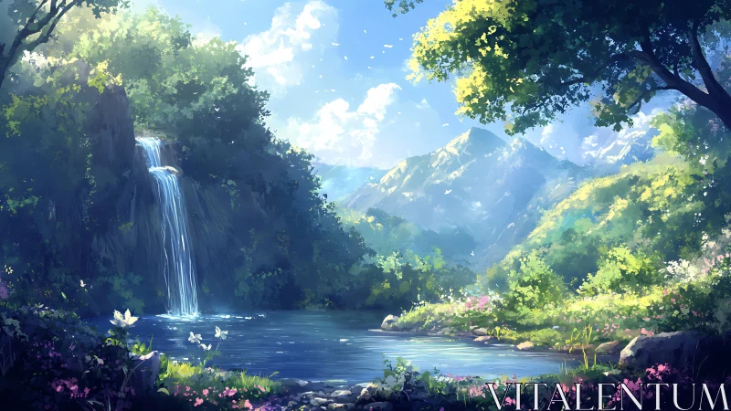 Luminous mountain glade with waterfall in anime landscape style.