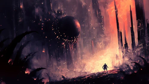 Lone wanderer meets cosmic horror in a burning dreamscape.