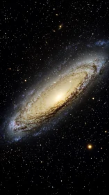 Spiral galaxy glows amid dense star field in deep space.