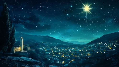 Star of Bethlehem over luminous desert hill town at night