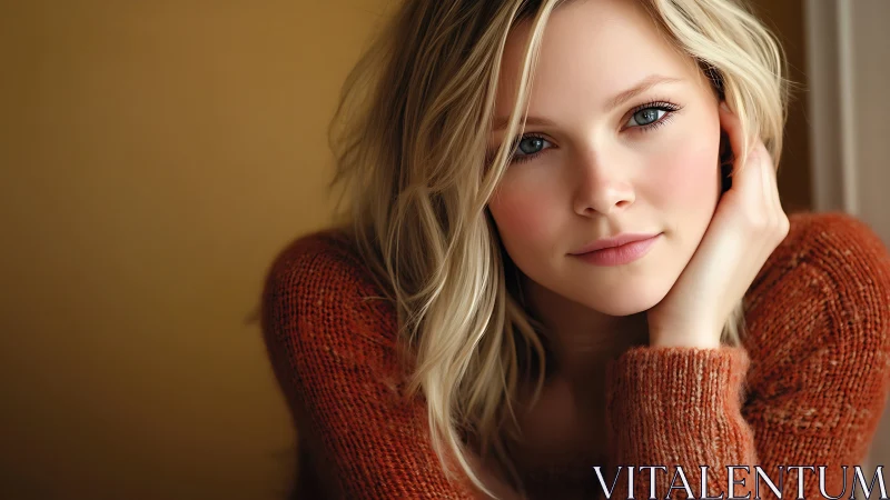 Woman in rust sweater against plain neutral backdrop.