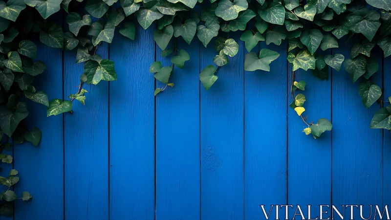 Green ivy foliage hanging over vivid blue wooden fence