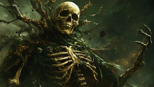 Skeletal forest wraith rises through rotting roots and mist.