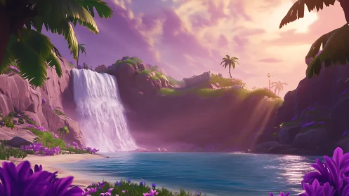Enchanted Tropical Lagoon: Digital Landscape with Cascading Waterfall.