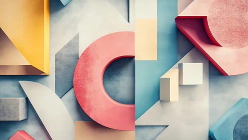 Soft pastel playground of geometric shapes in gentle balance.