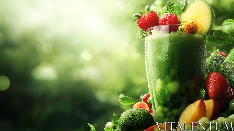 Green smoothie glass with mixed fresh fruits and mint.