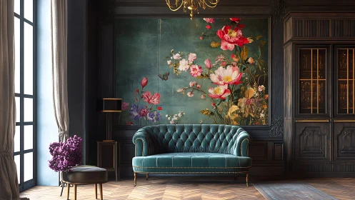 Teal tufted sofa anchors classic interior with floral mural wall