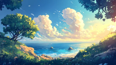 Luminous Coastal Paradise: Golden Hour Serenity.