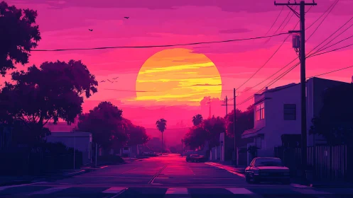 Neon gradient suburb street under oversized vaporwave sunset disk