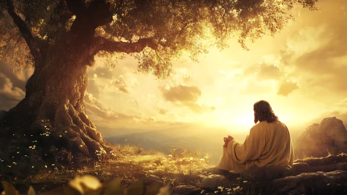 Golden hillside prayer beneath an ancient sheltering tree.