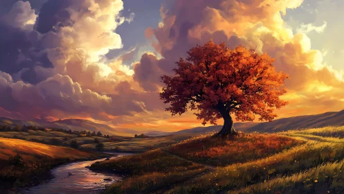 Solitary autumn tree on hill under dramatic sunset sky.