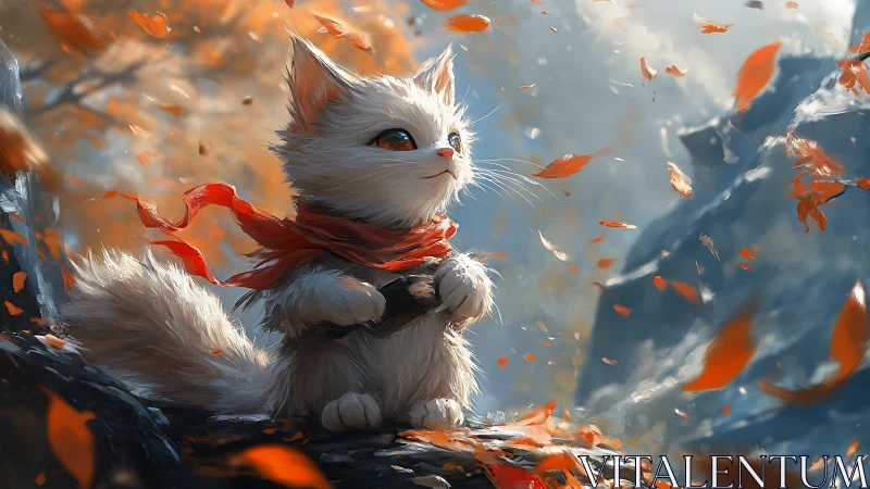 Luminescent White Feline with Autumnal Chromatic Particulates.