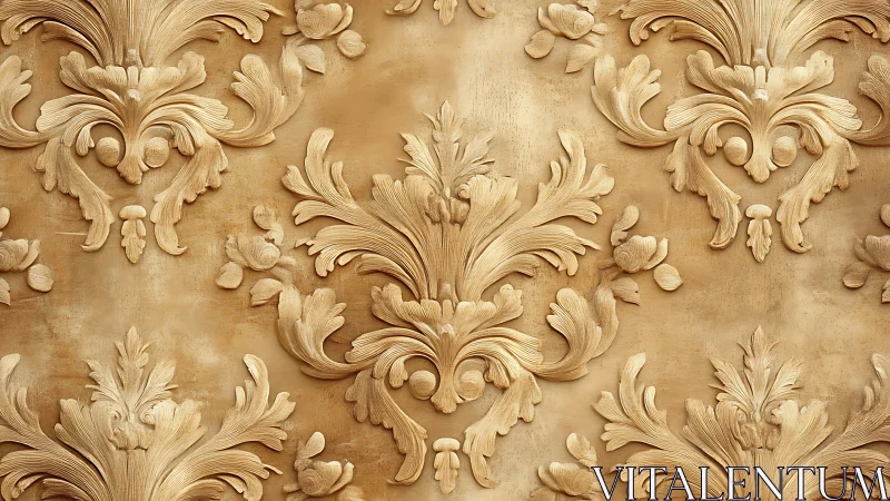 Ornate gold baroque floral relief pattern on aged wall.