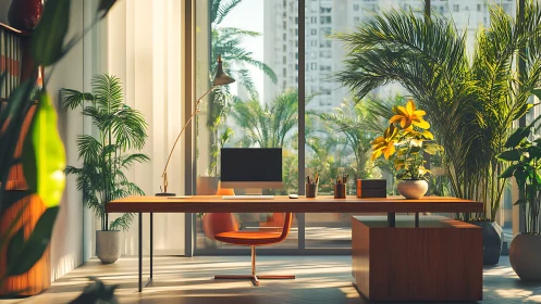 Sunlit home office sanctuary wrapped in lush green calm.