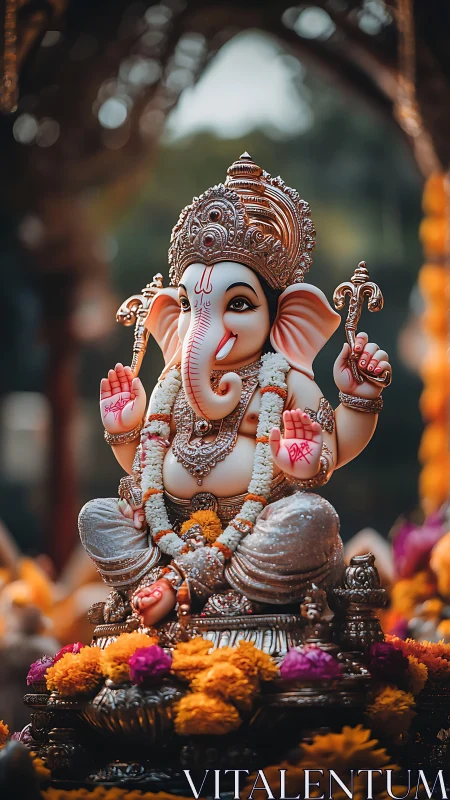 Ganesha idol with garlands amid marigold flower offerings.