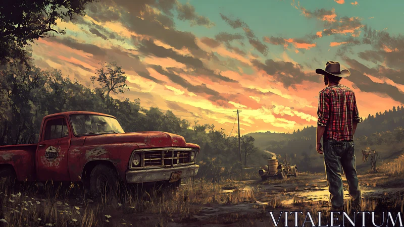 Rural cowboy observing derelict red pickup at luminous sunset.