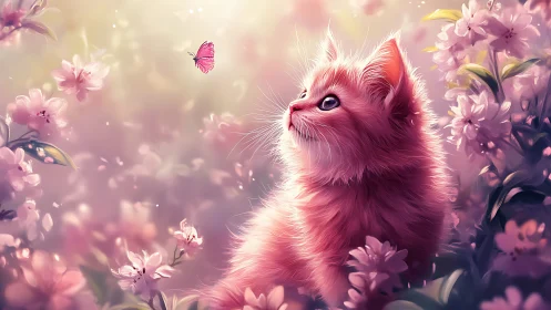Pink Cat Surrounded by Flowers and Butterfly in Garden