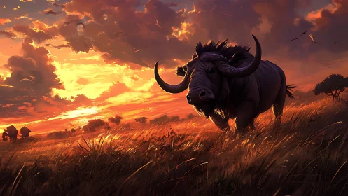 Buffalo strides through a blazing savanna sunset glow.