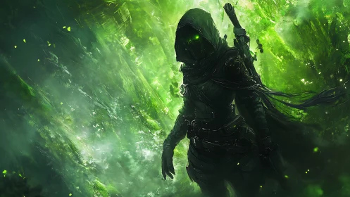 Emerald Shadow Ranger Stalking Through Luminous Forest Veil.
