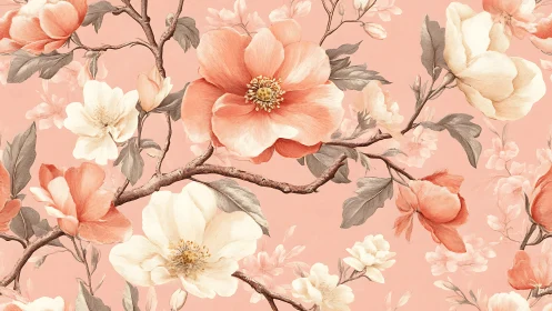 Floral branches with large blossoms on pink background.