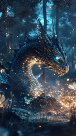 Luminous dragon rests in a moonlit forest of sparks and mist