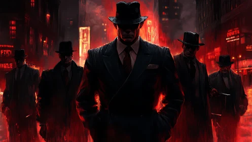 Noir mob enforcers stalk blood-red neon city streets.