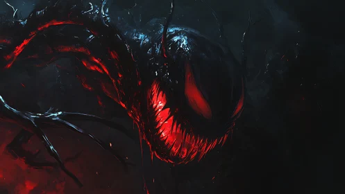 Monstrous red-mouthed entity emerging from dark abyssal void.