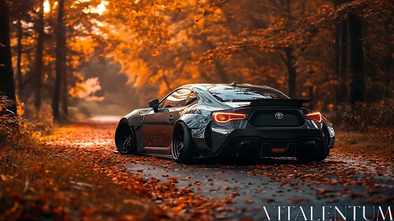 Autumn-lit sports coupe prowls a leaf-drenched forest road.