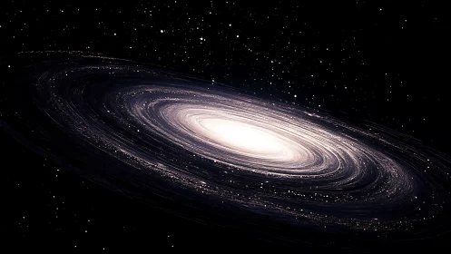 Bright spiral galaxy core against dense star field in space.