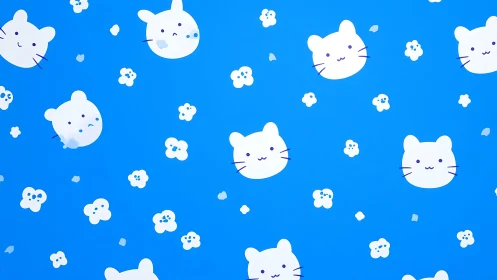 Playful Cat Faces and Blooms Against Vibrant Azure Sky.