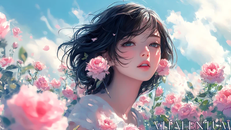 Soft wind crowns a rose garden muse in skybright bloom.