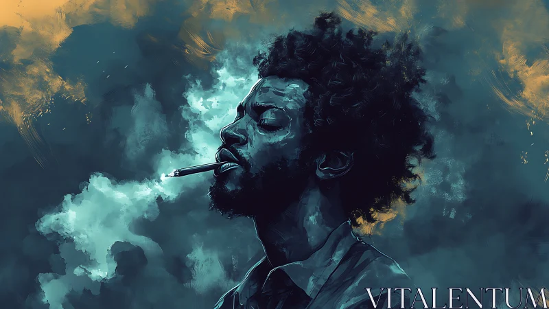 Man exhales cigarette smoke into moody teal and gold sky