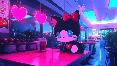 Neon-lit diner with kawaii black cat character alone.