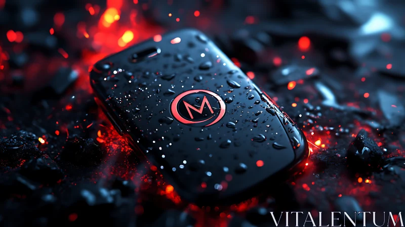 Smartphone lies on wet black surface with red glowing embers