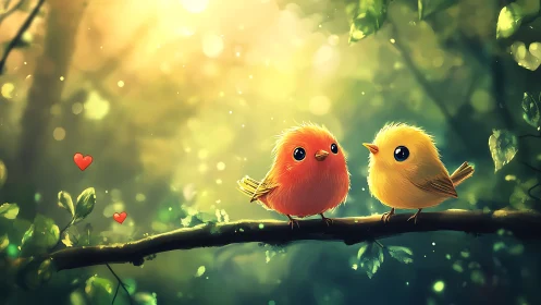 Luminescent forest perch with stylized avian pair in dialogue.