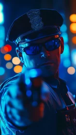 Neon-lit police officer aiming forward in dramatic close-up.