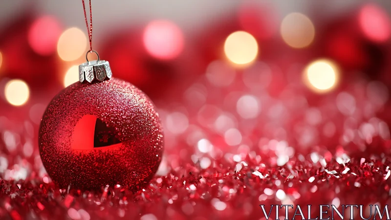 Red ornament rests on tinsel with shallow depth of field