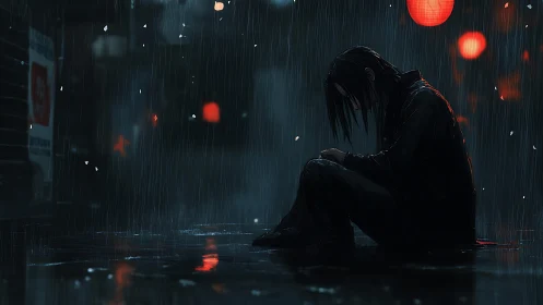 Seated figure in heavy rain under red lanterns at night