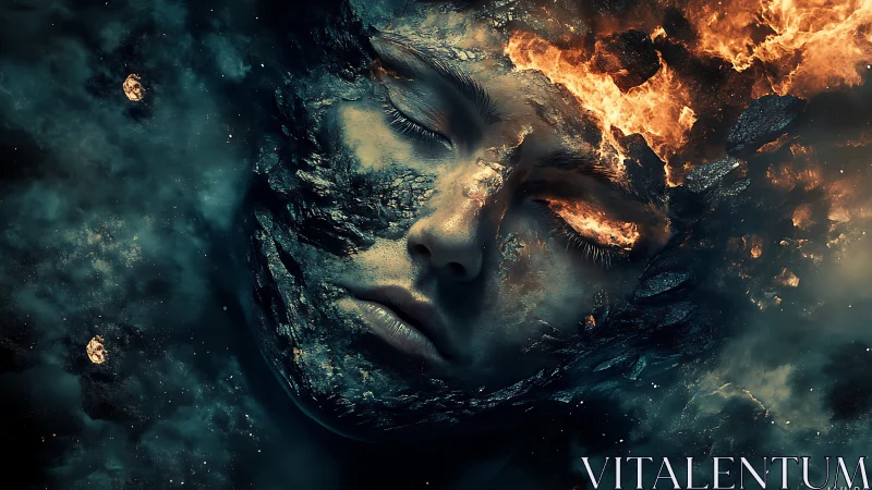 Molten stone visage disintegrates into fire within cosmic void